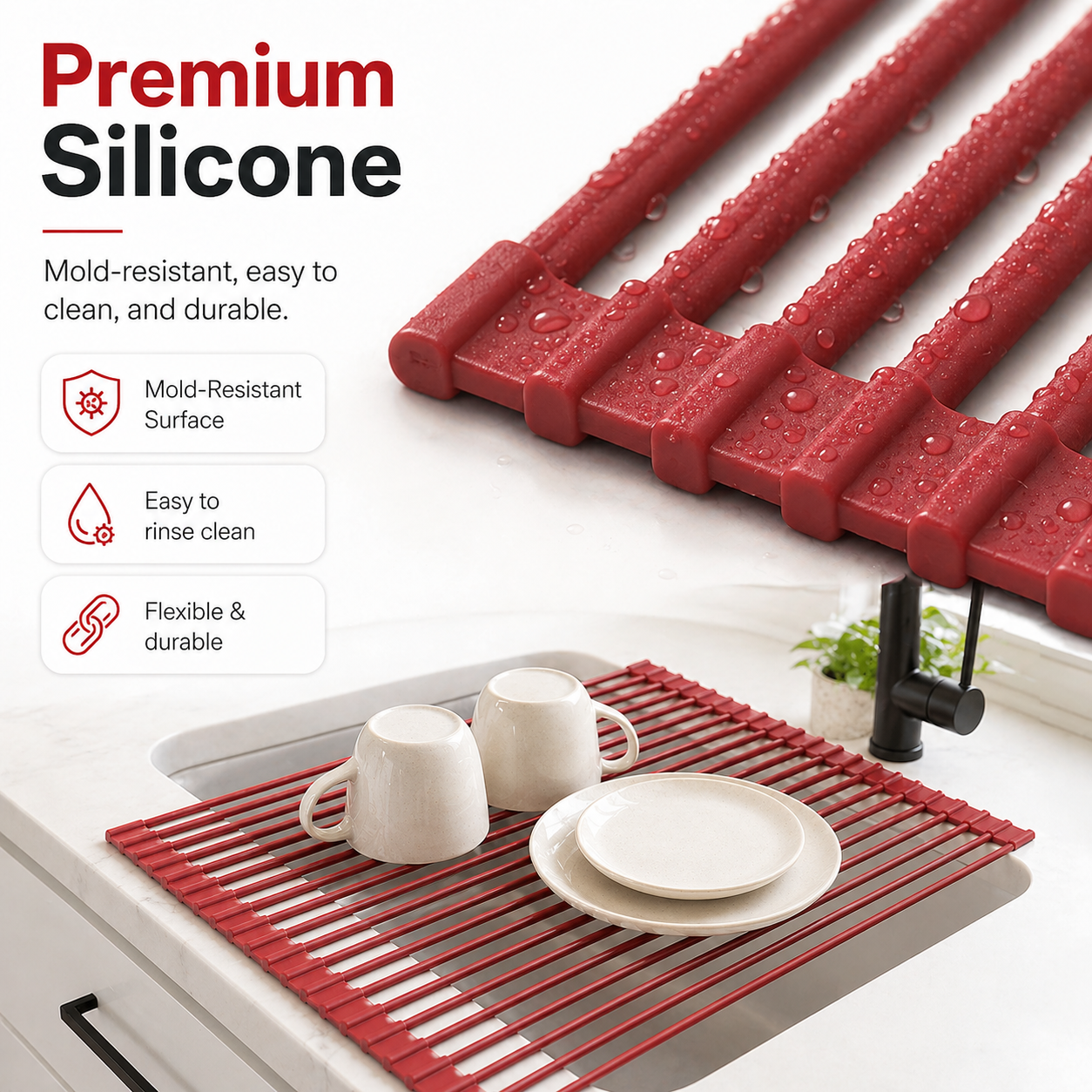 Roll-Up Sink Drying Rack, Space-Saving Non-Slip Silicone Over Sink Dish Rack for Small Kitchens